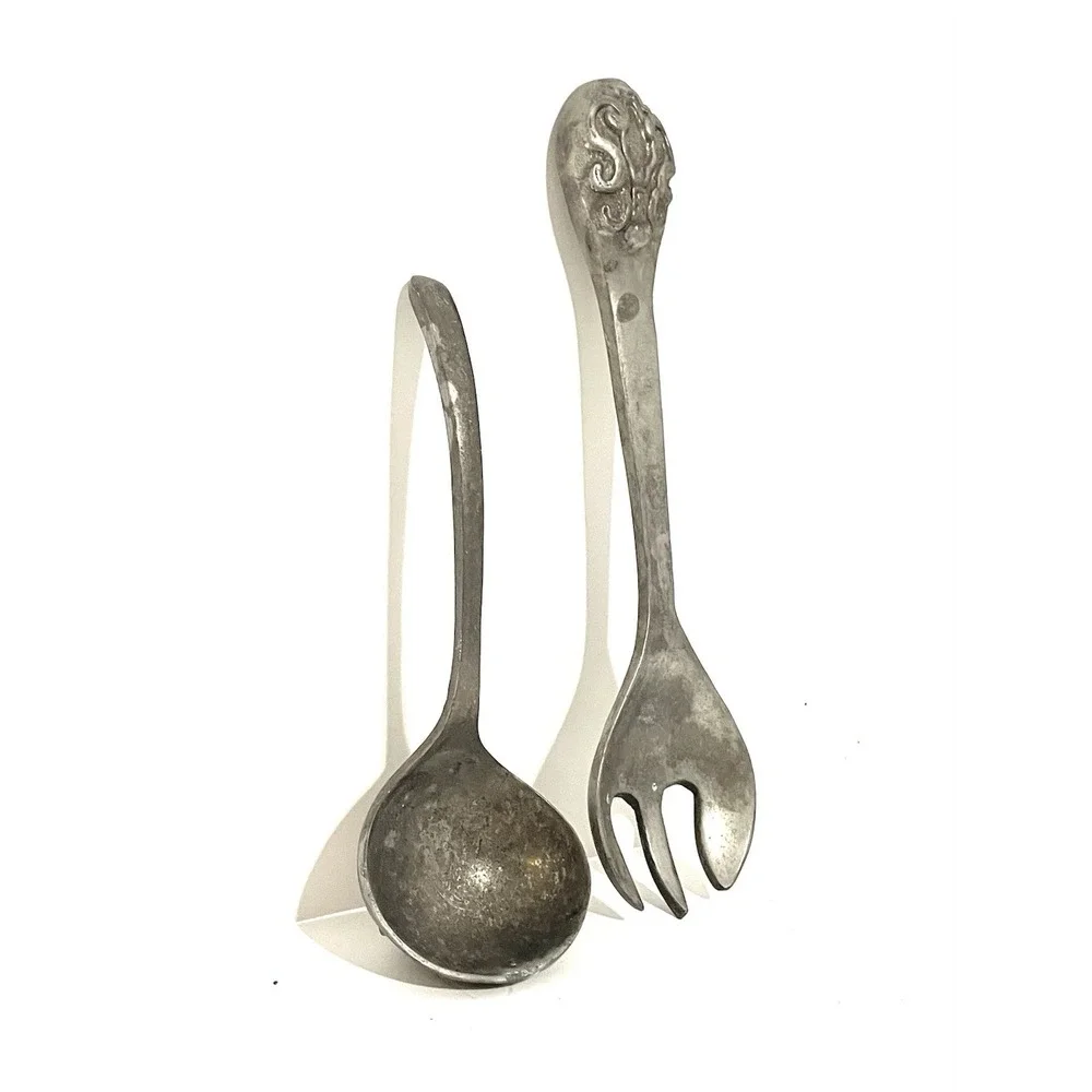 Vintage Aluminum‎ Silver Salad Serving Fork & Spoon Set Oversized